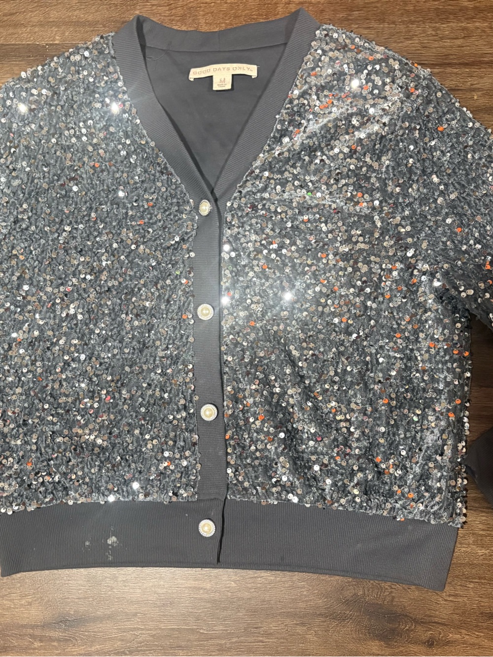 Good Days Only Sequin Pearl Front Cardigan Charcoal Sz M